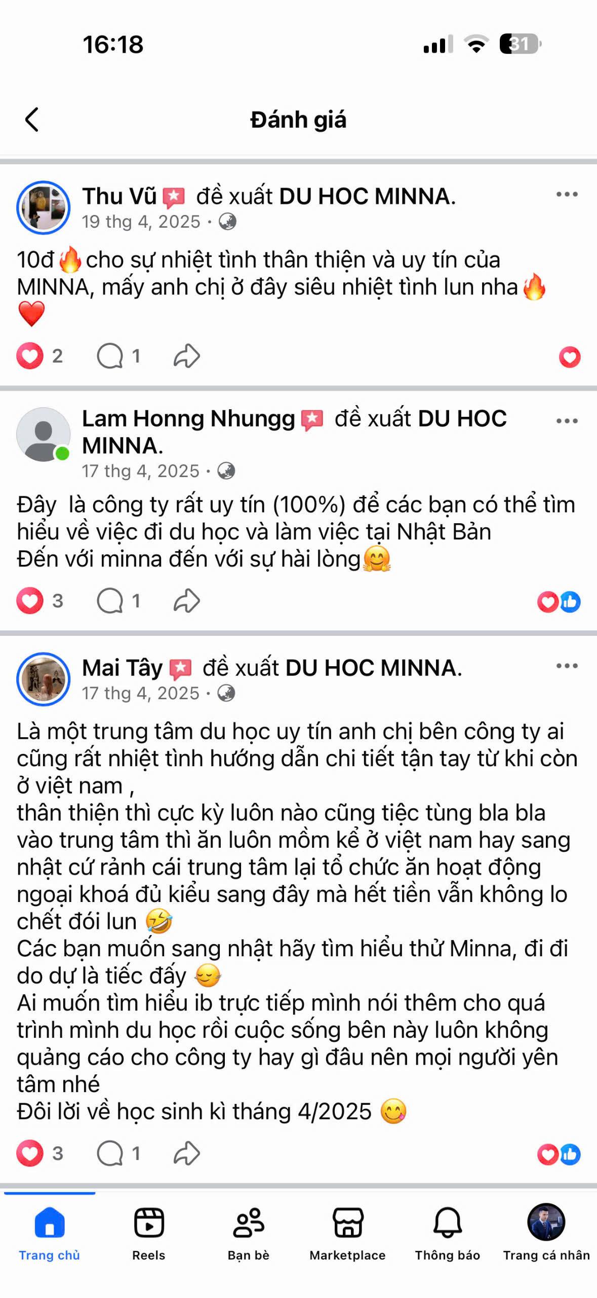 Đánh giá học viên MINNA 31
