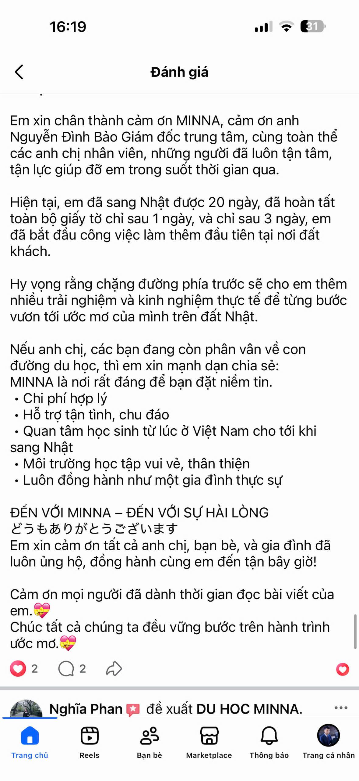 Đánh giá học viên MINNA 36